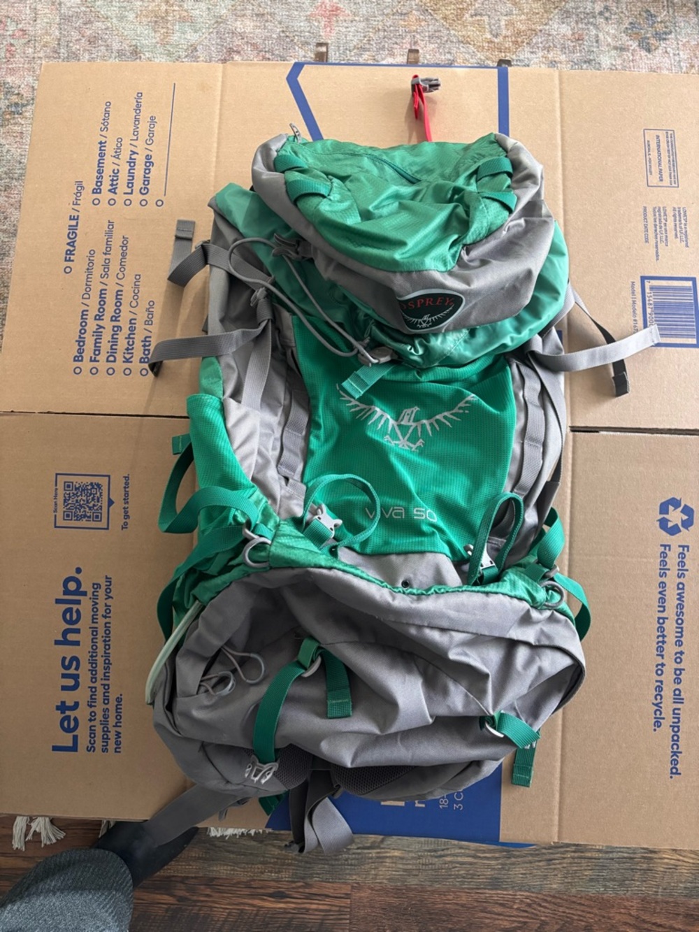 OSPREY Green and Gray Hiking Backpack with Top Lid